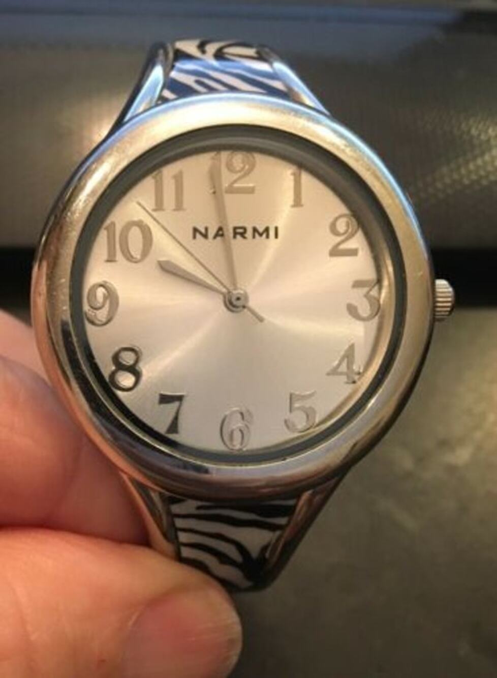Womens Narmi Bangle Bracelet Watch, Silver Tone with Zebra Print Insets